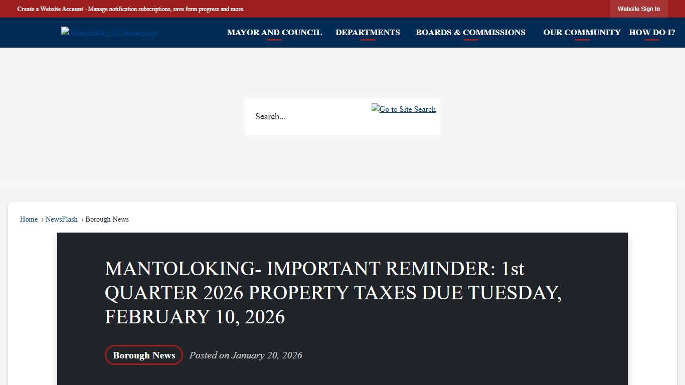 MANTOLOKING- IMPORTANT REMINDER: 1st QUARTER 2026 PROPERTY TAXES DUE TUESDAY, FEBRUARY 10, 2026 • Mantoloking, NJ