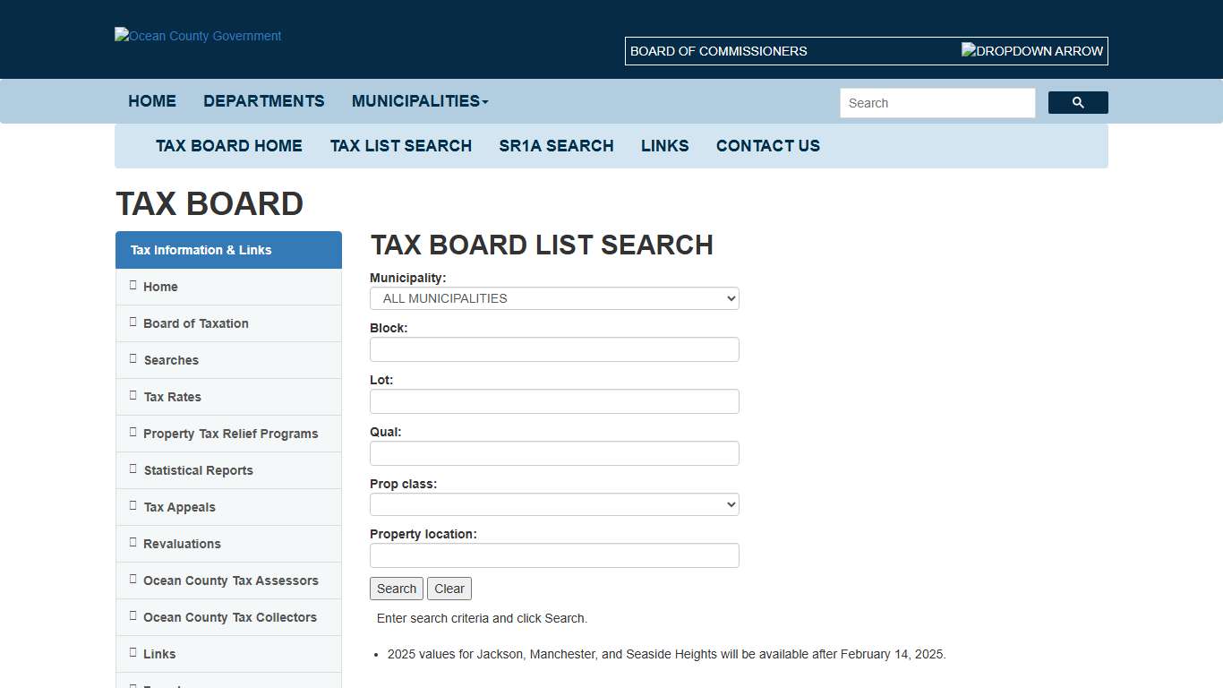 Tax Board List Search Ocean County Board of Taxation